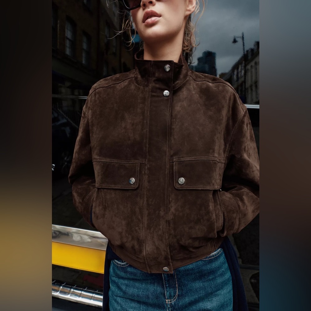 Zara Brown Real natural Suede bomber Jacket size S - Picture 5 of 11